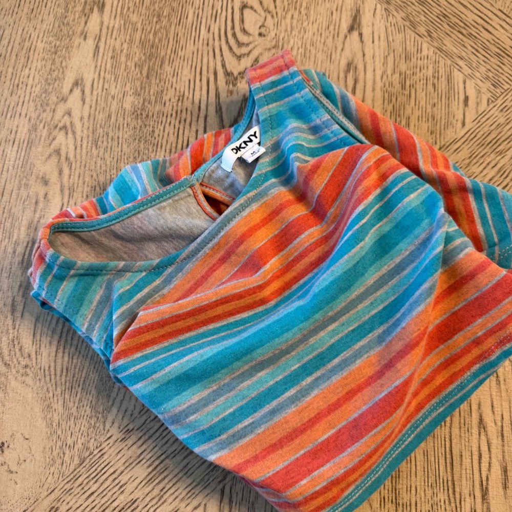 DKNY Striped Ruffle Popover Sleeveless Dress Blue Orange Size Medium